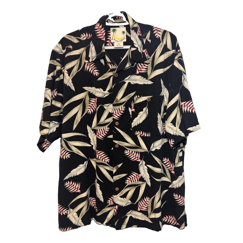 Banana‎ Cabana Men Large 100% Silk Black Floral Hawaiian Shirt Resort Vacation